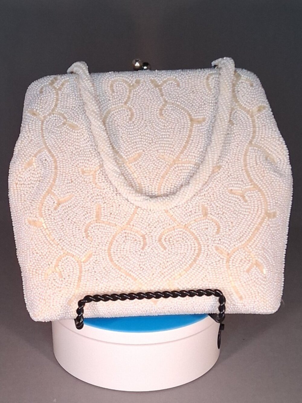 Vintage 1950s White Seed Bead Evening Bag Made in Japan Kisslock Frame Clutch
